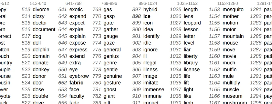 fragment of BIP39 word list