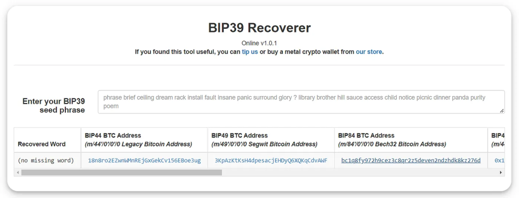 BIP39 Recoverer tool